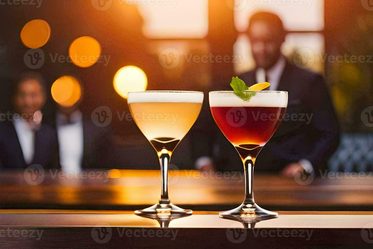 twee cocktails Aan een bar teller met een Mens in de achtergrond. ai-gegenereerd foto