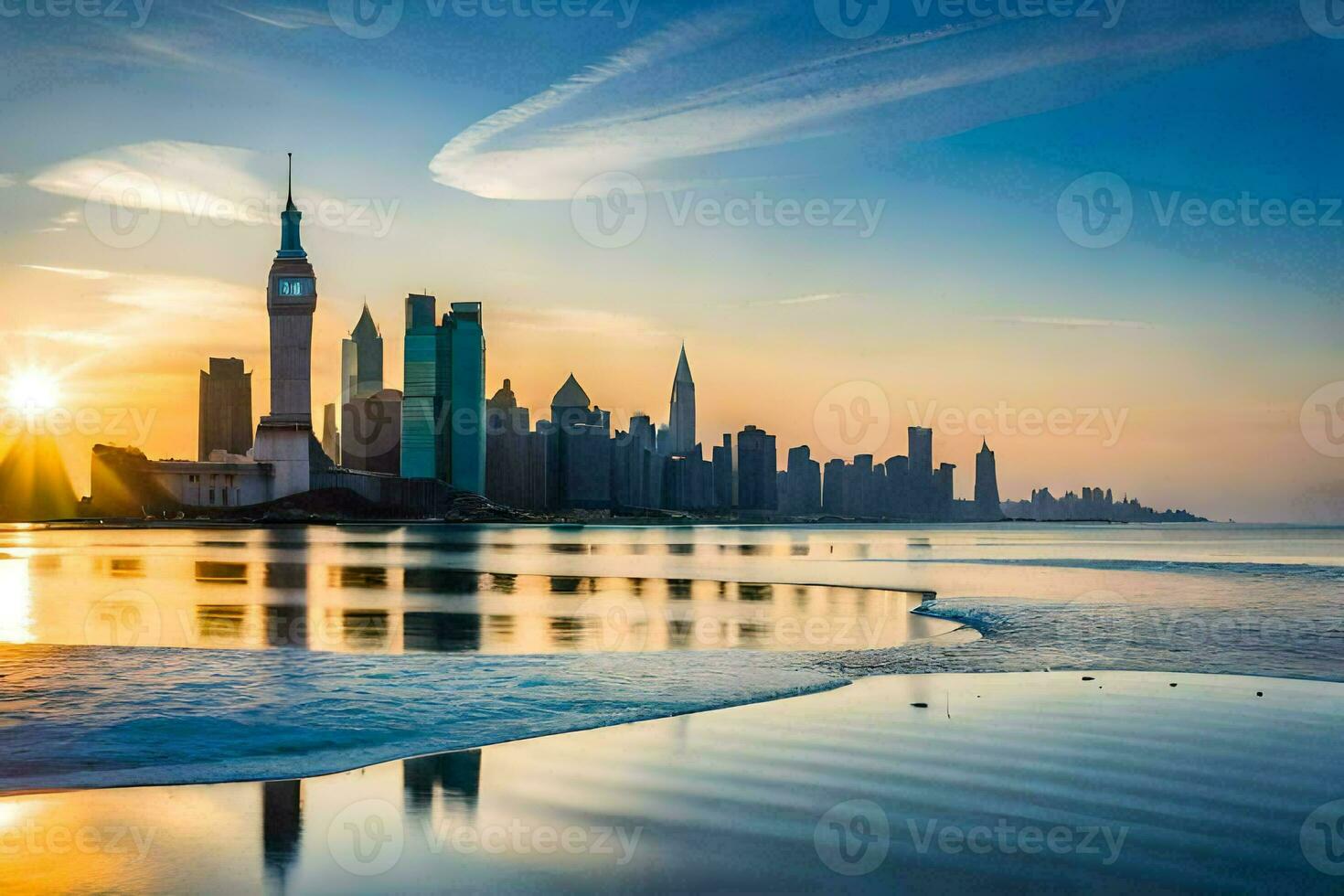 de zon stijgt over- de stad horizon in dubai. ai-gegenereerd foto