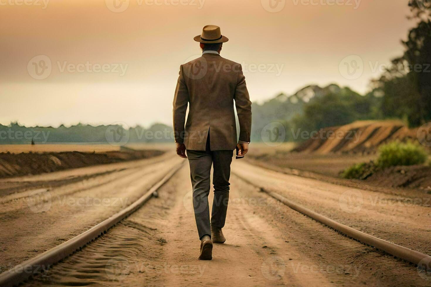 een Mens in een pak en hoed wandelingen naar beneden een spoorweg spoor. ai-gegenereerd foto