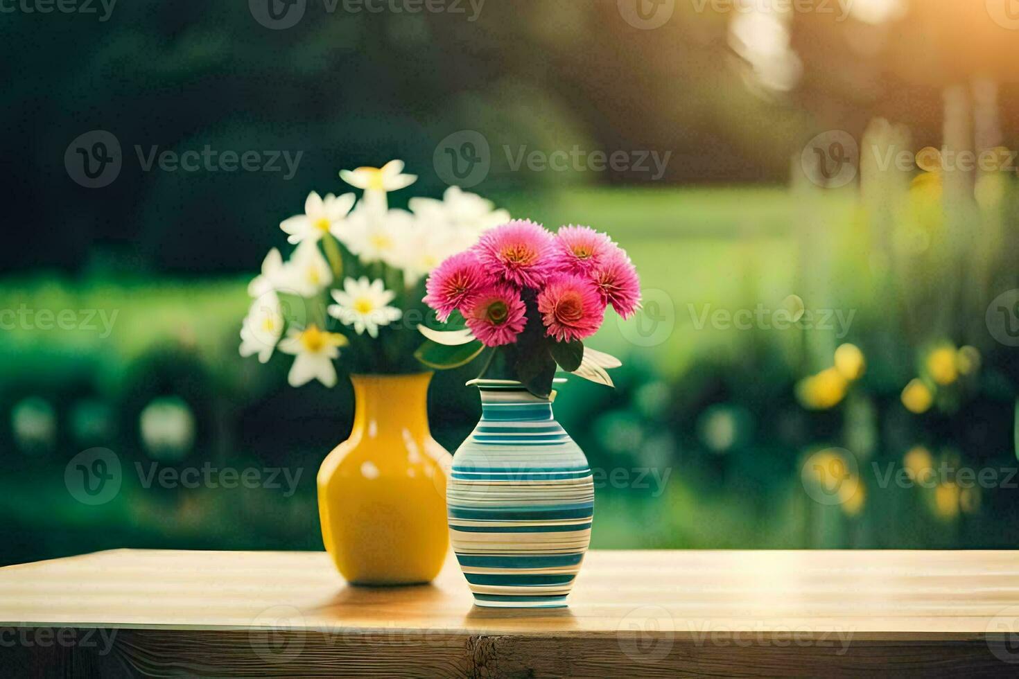 twee vazen met bloemen zittend Aan een tafel in voorkant van een meer. ai-gegenereerd foto