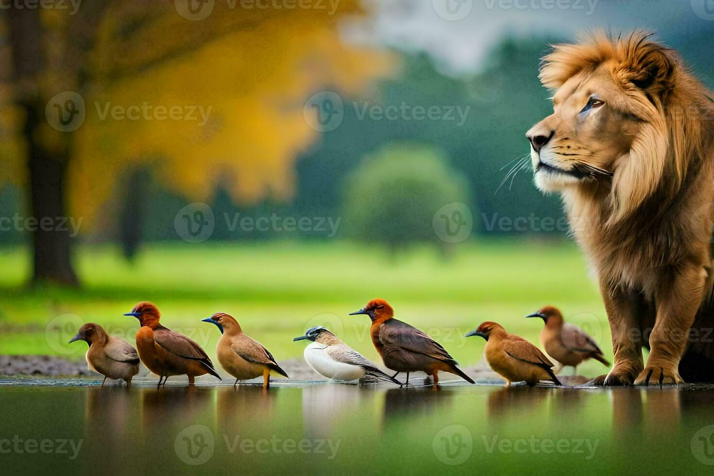 een leeuw staand in voorkant van een groep van vogels. ai-gegenereerd foto