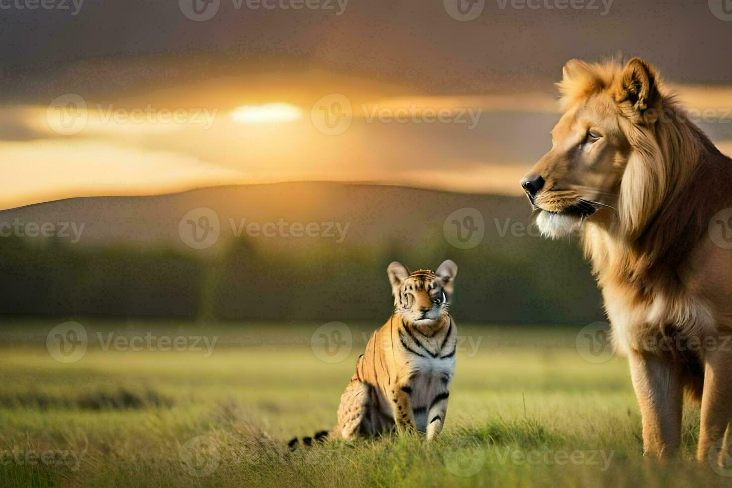 een leeuw en een tijger in de midden- van een veld. ai-gegenereerd foto