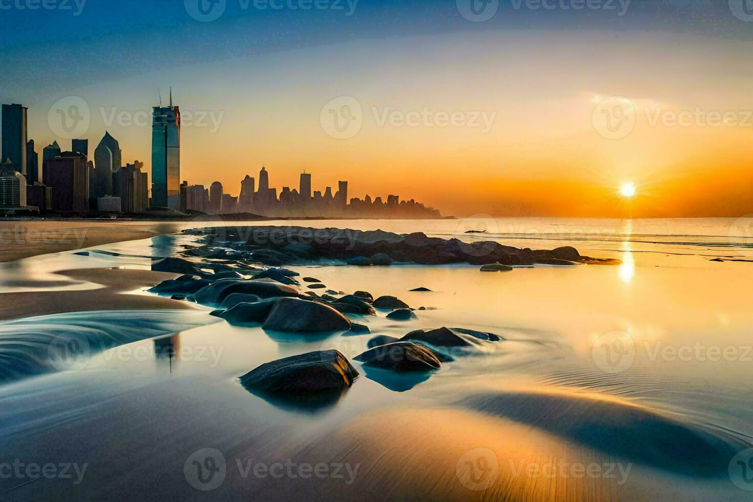 de stad horizon is weerspiegeld in de water Bij zonsondergang. ai-gegenereerd foto