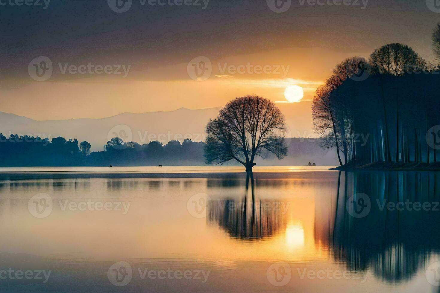 de zon sets over- een meer met bomen. ai-gegenereerd foto