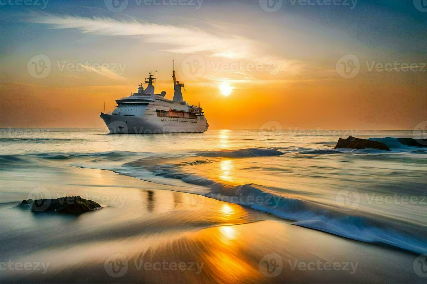 een reis schip in de oceaan Bij zonsondergang. ai-gegenereerd foto