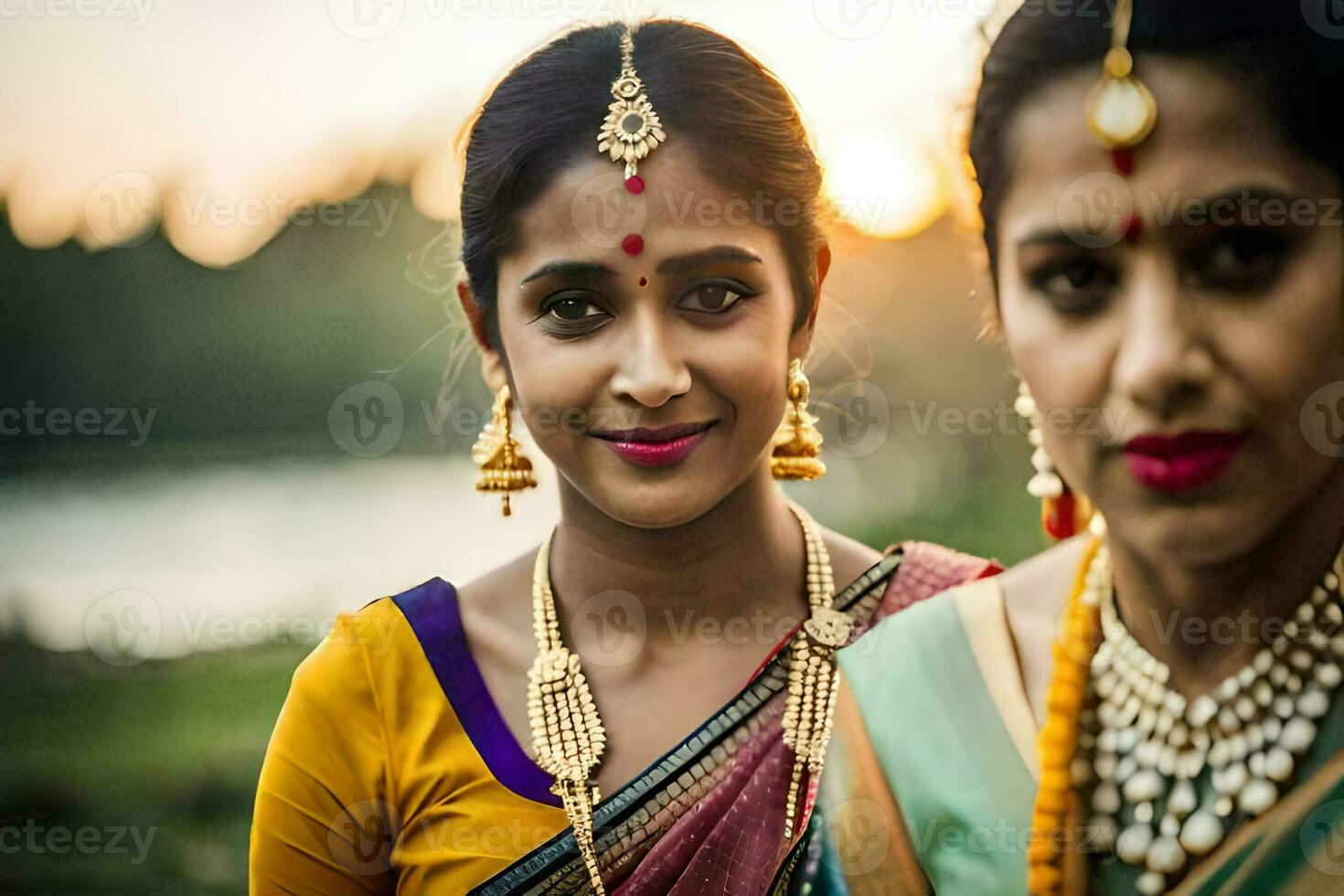 twee Dames in traditioneel sari's poseren voor de camera. ai-gegenereerd foto