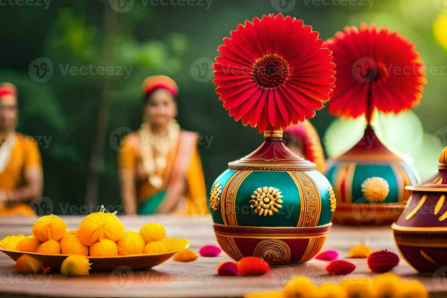 een tafel met kleurrijk vazen en bloemen. ai-gegenereerd foto