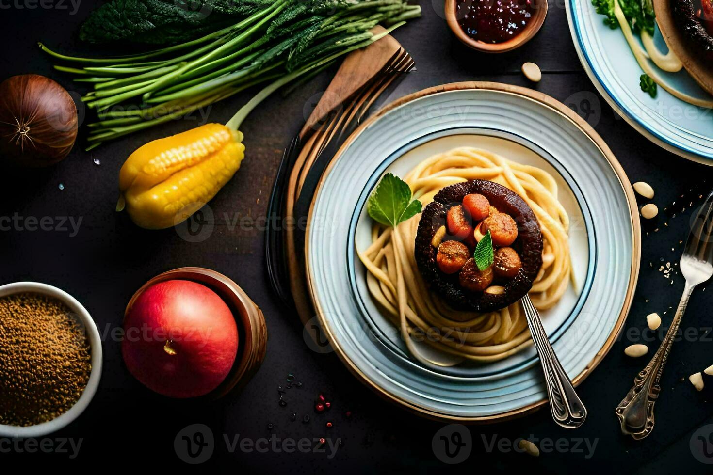 een bord van pasta en groenten met een vork en mes. ai-gegenereerd foto