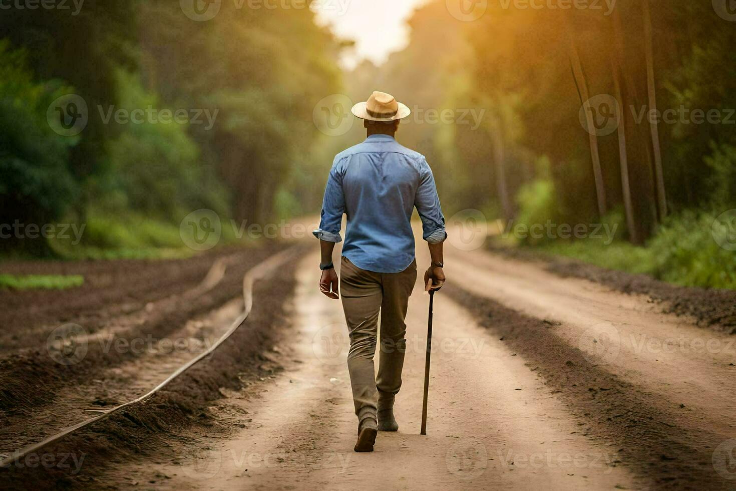 een Mens wandelen naar beneden een aarde weg met een riet. ai-gegenereerd foto