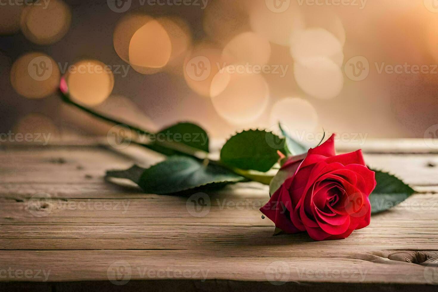 een single rood roos Aan een houten tafel met een bokeh achtergrond. ai-gegenereerd foto