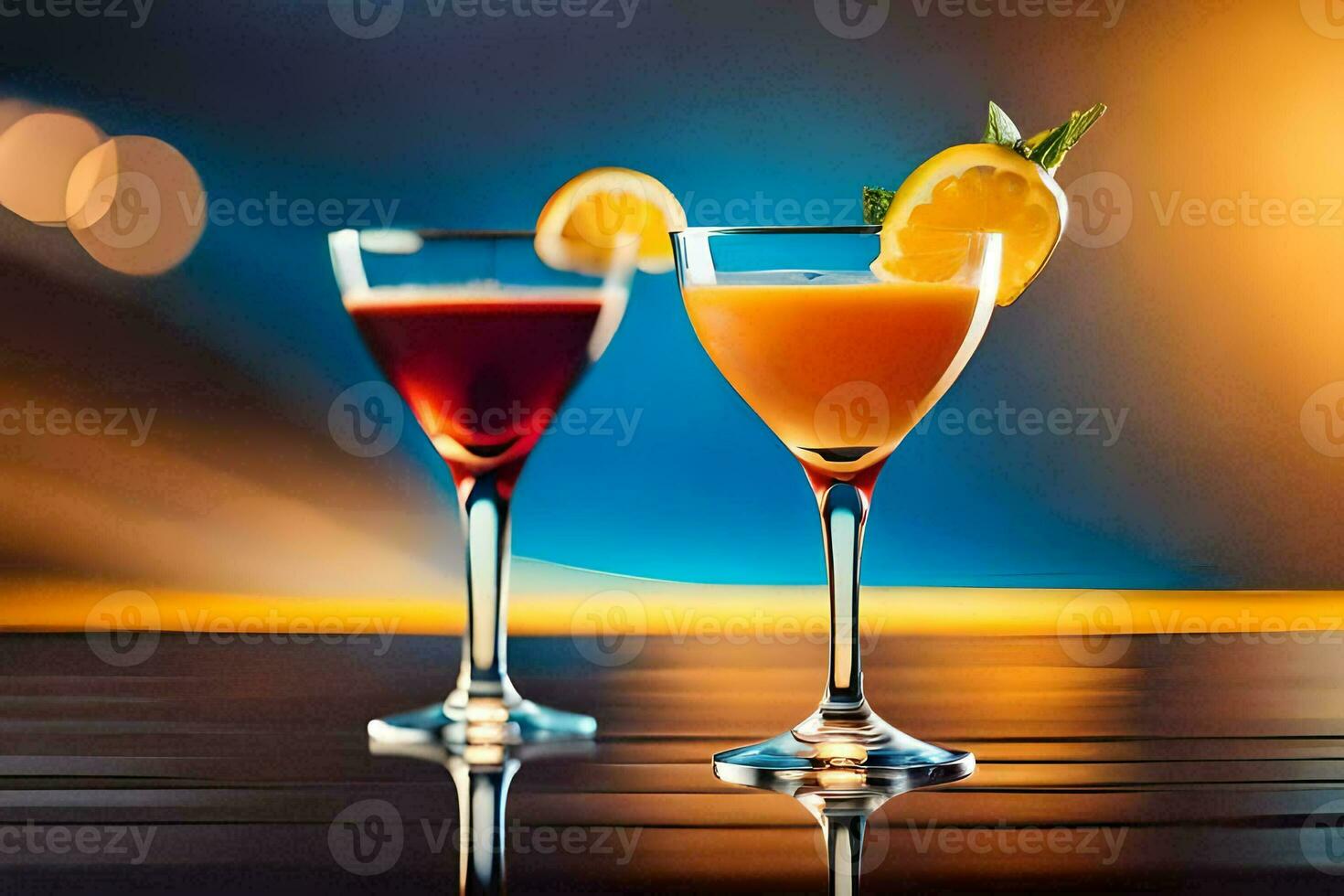 twee bril van cocktails met oranje plakjes Aan de rand. ai-gegenereerd foto