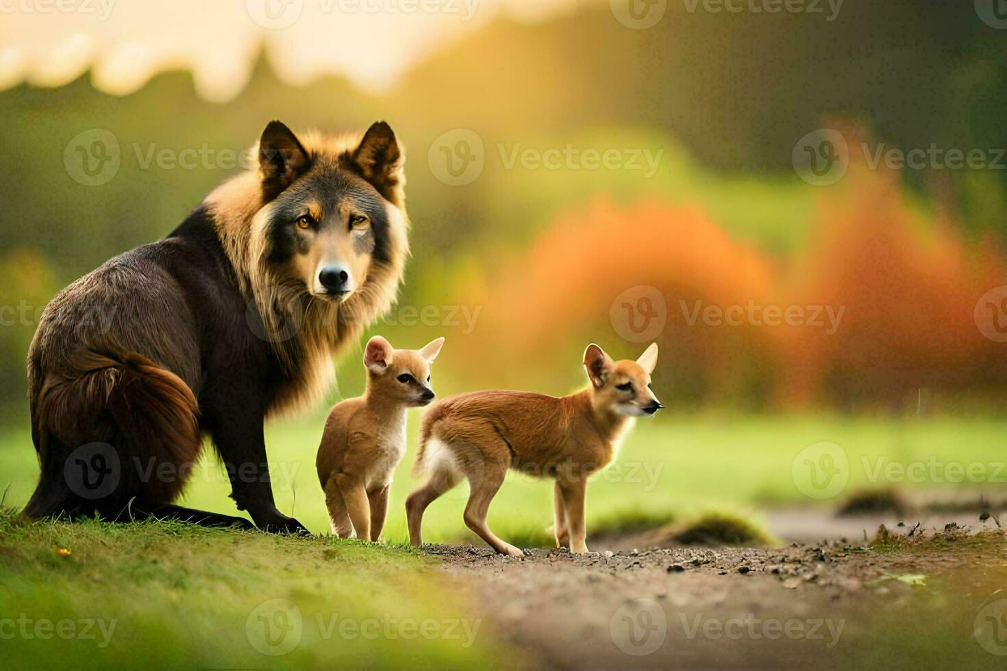 een wolf en twee klein honden in de bossen. ai-gegenereerd foto