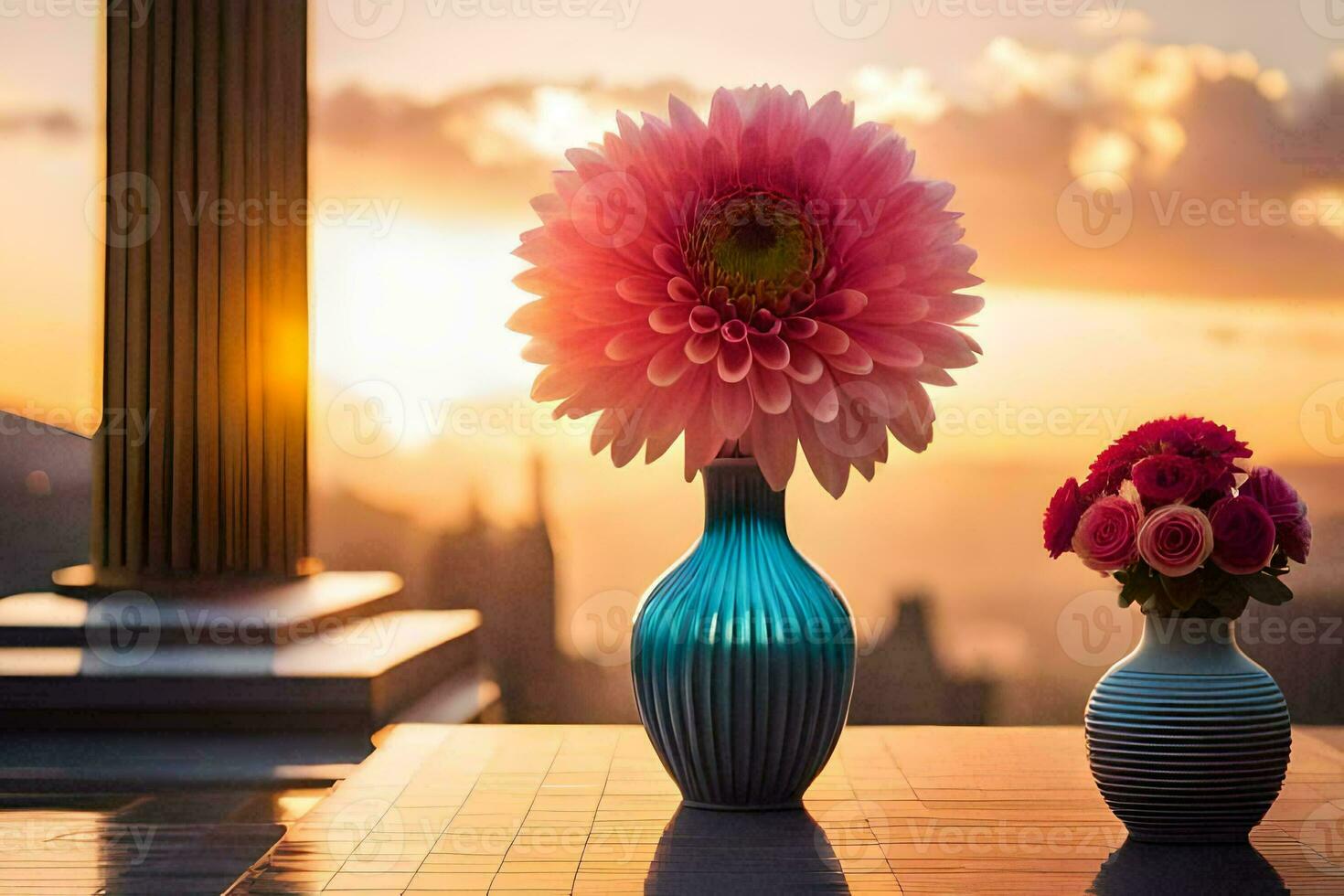 twee vazen met roze bloemen Aan een tafel in voorkant van een zonsondergang. ai-gegenereerd foto