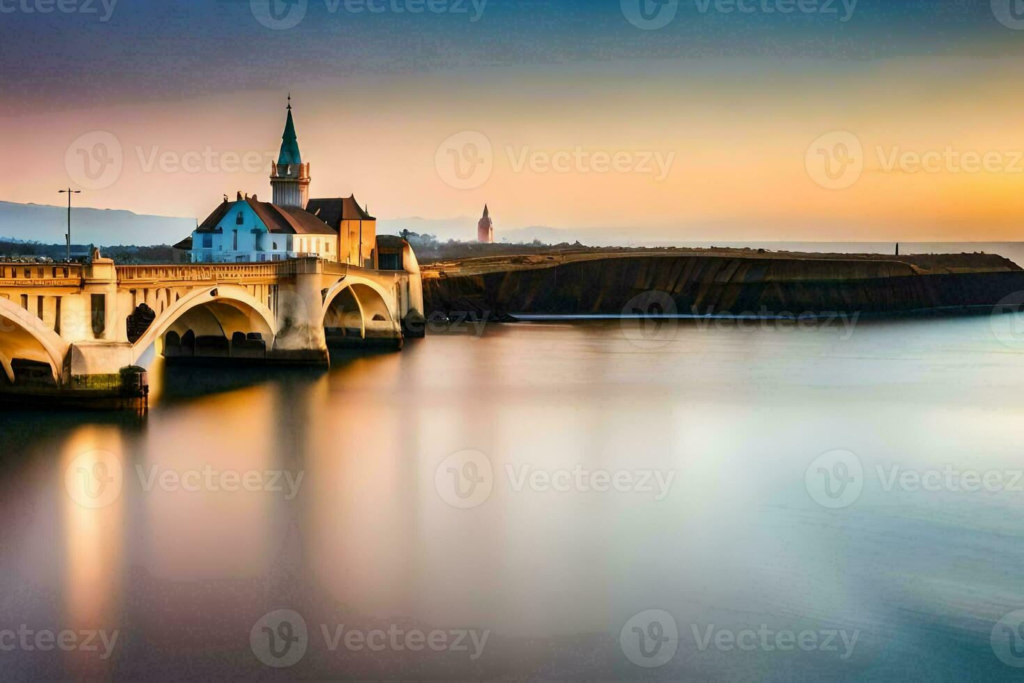 een brug over- de water Bij zonsondergang. ai-gegenereerd foto