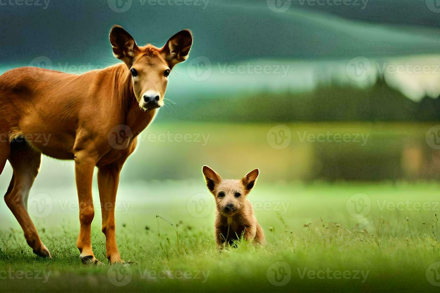 een hert en een puppy staand in de gras. ai-gegenereerd foto