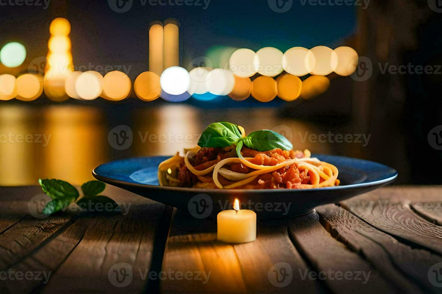spaghetti met tomaat saus en basilicum bladeren Aan een houten tafel in voorkant van de stad lichten. ai-gegenereerd foto