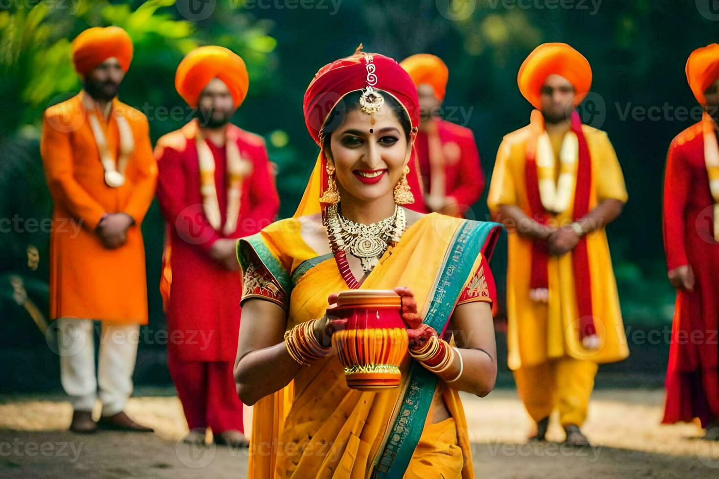 een vrouw in traditioneel Indisch kleding Holding een pot. ai-gegenereerd foto