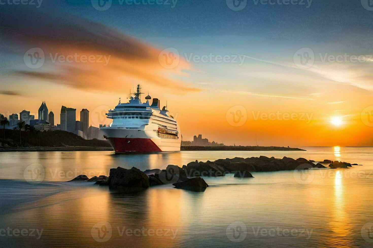 een reis schip in de oceaan Bij zonsondergang. ai-gegenereerd foto