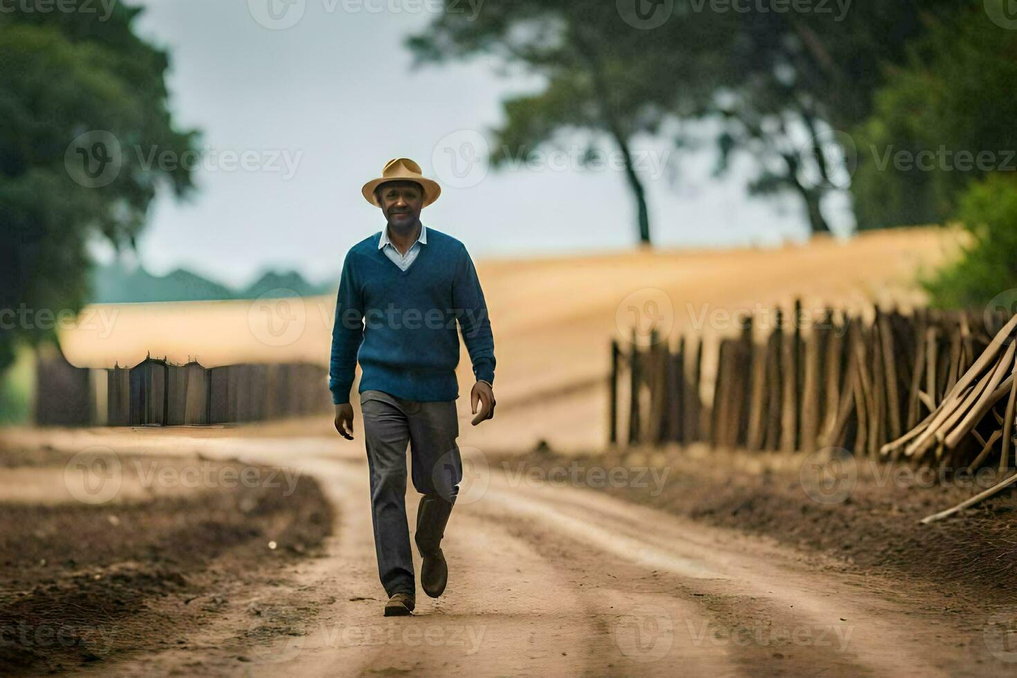 een Mens in een hoed wandelingen naar beneden een aarde weg. ai-gegenereerd foto