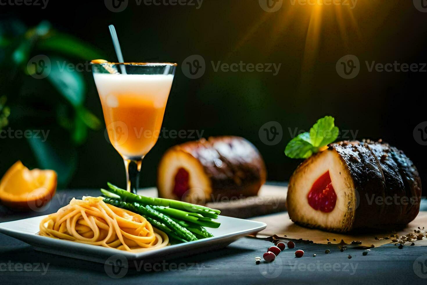 een bord met spaghetti en een drankje. ai-gegenereerd foto