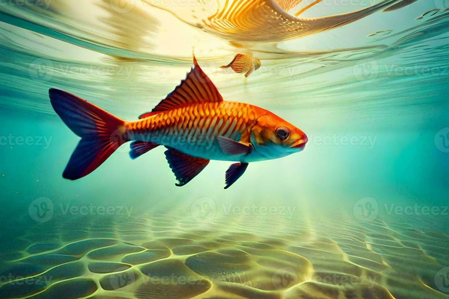 een vis zwemmen in de oceaan met zonlicht schijnend Aan het. ai-gegenereerd foto