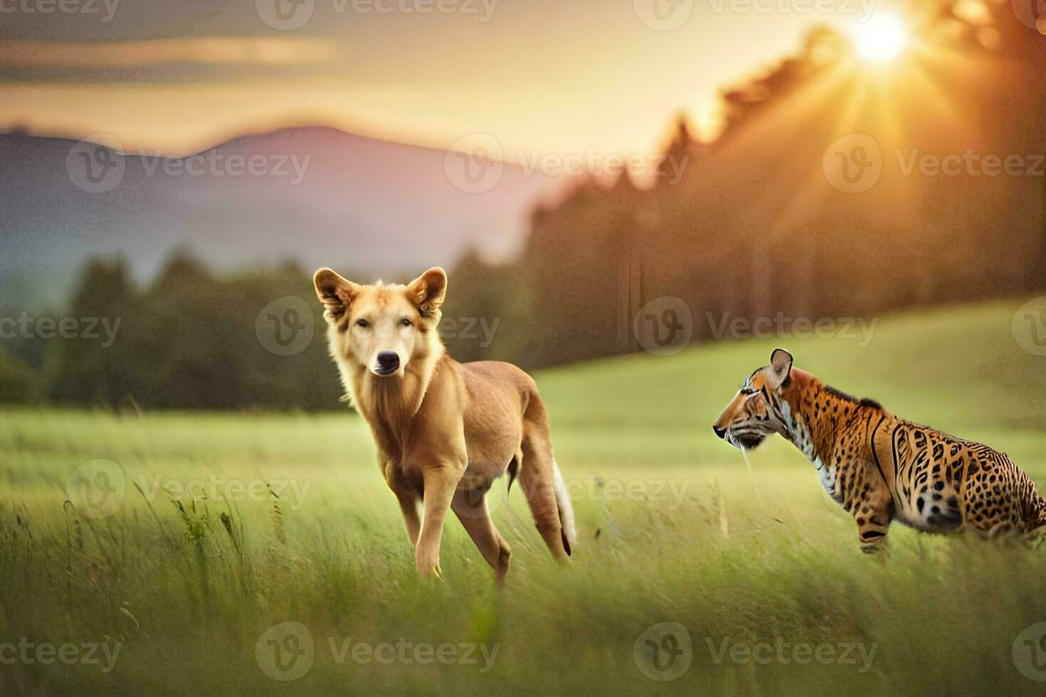 een hond en een tijger in een veld- Bij zonsondergang. ai-gegenereerd foto