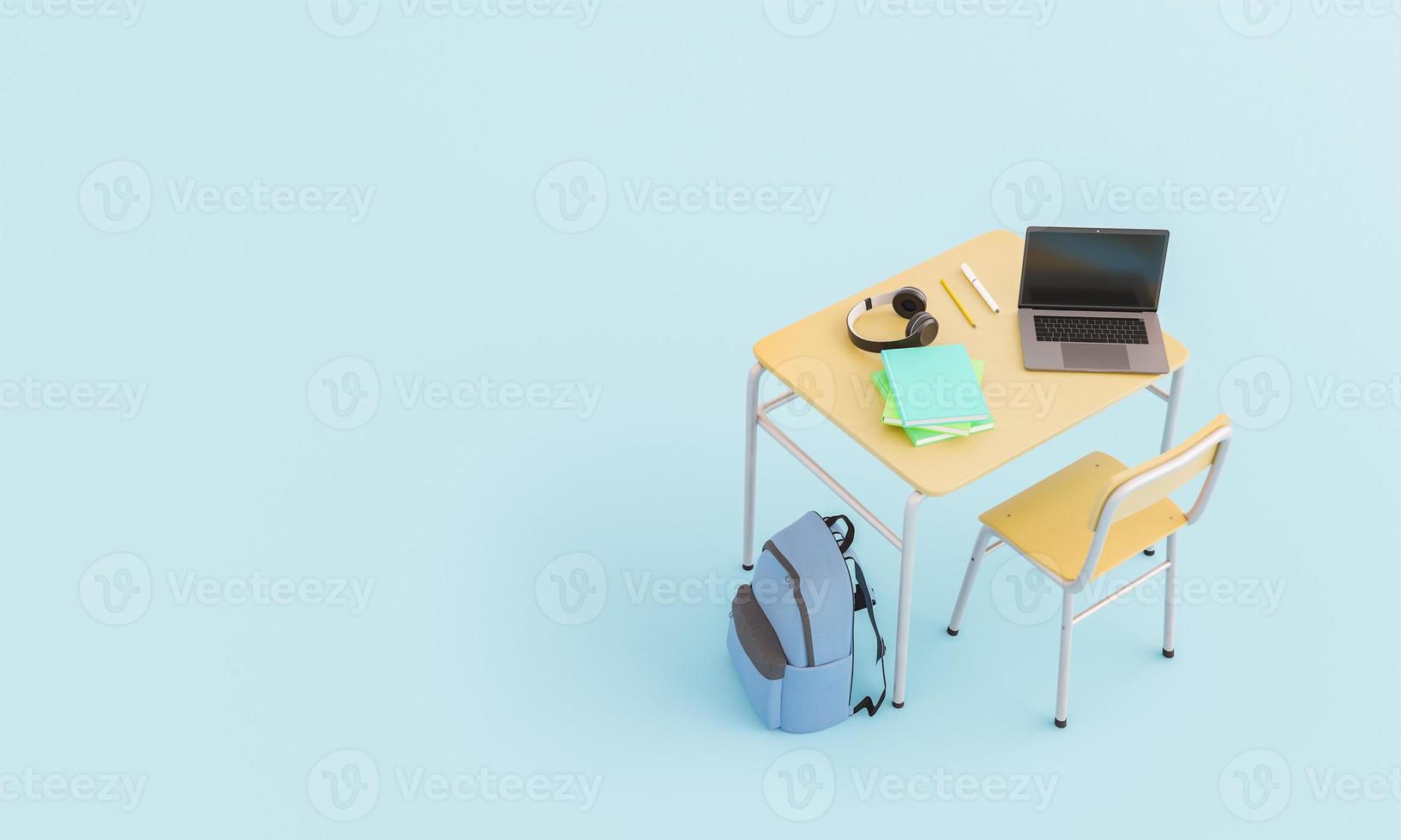 bovenaanzicht van een schoolbank met laptop, koptelefoon, boeken en rugzak foto