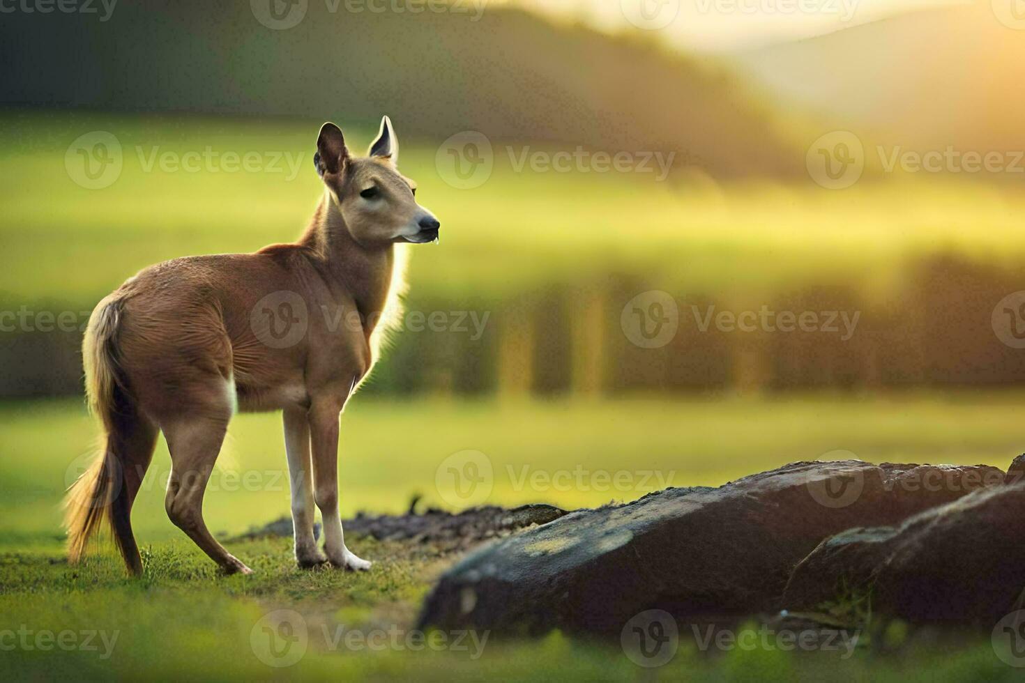 een hert staat in de gras Aan een zonnig dag. ai-gegenereerd foto