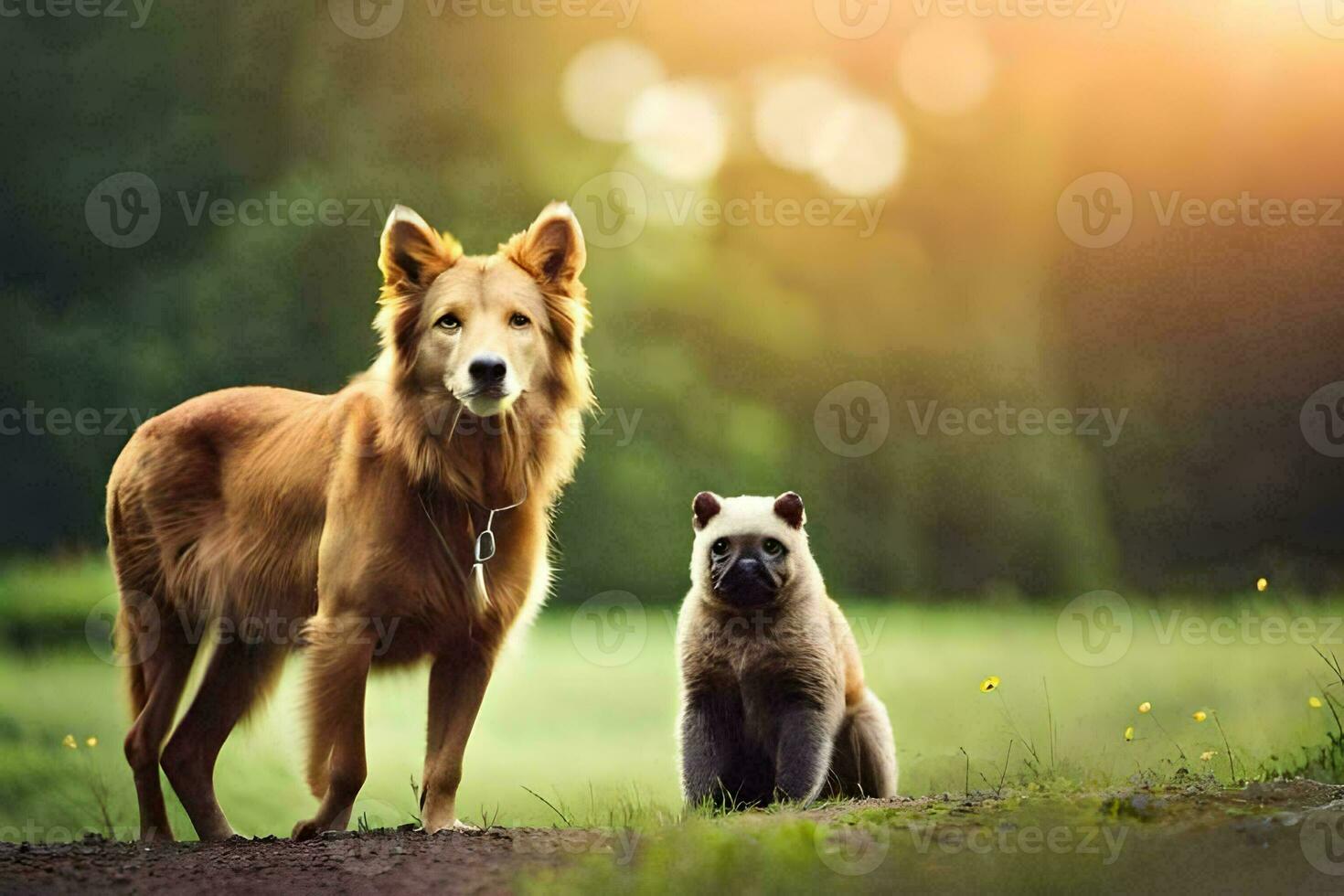 een hond en een kat staand in de gras. ai-gegenereerd foto