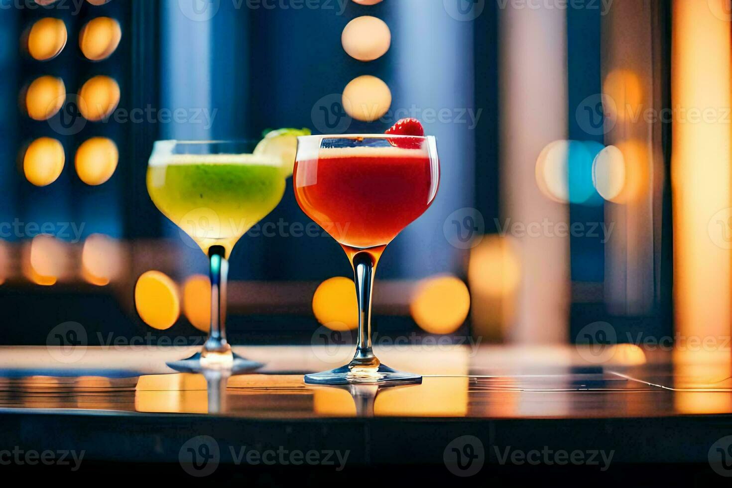 twee bril van cocktails Aan een tafel in voorkant van een stad horizon. ai-gegenereerd foto