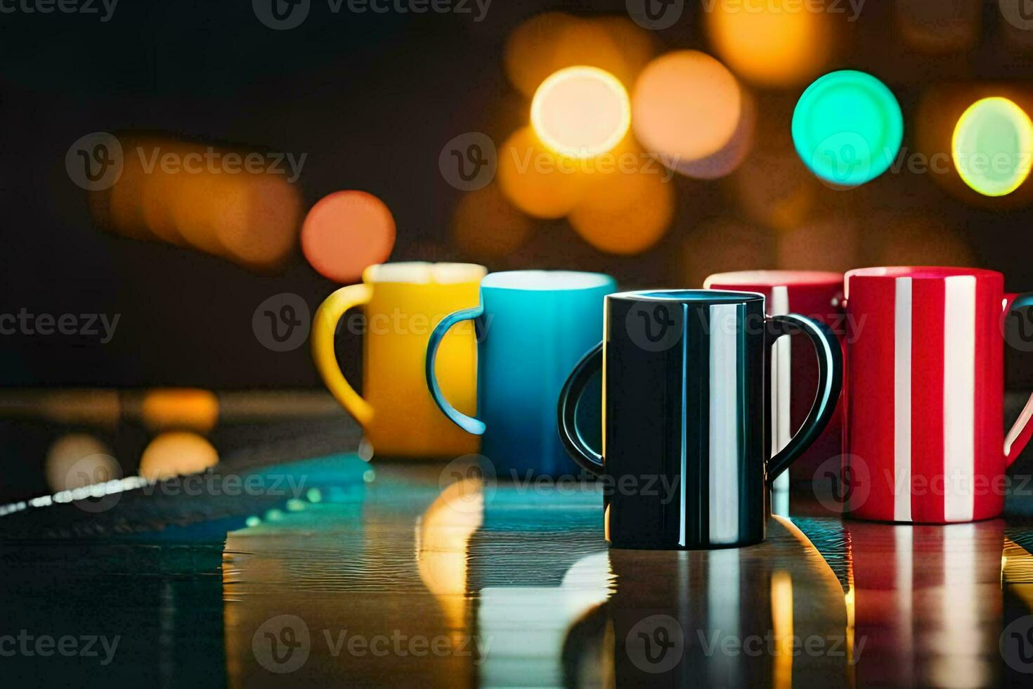 kleurrijk koffie cups Aan een tafel. ai-gegenereerd foto