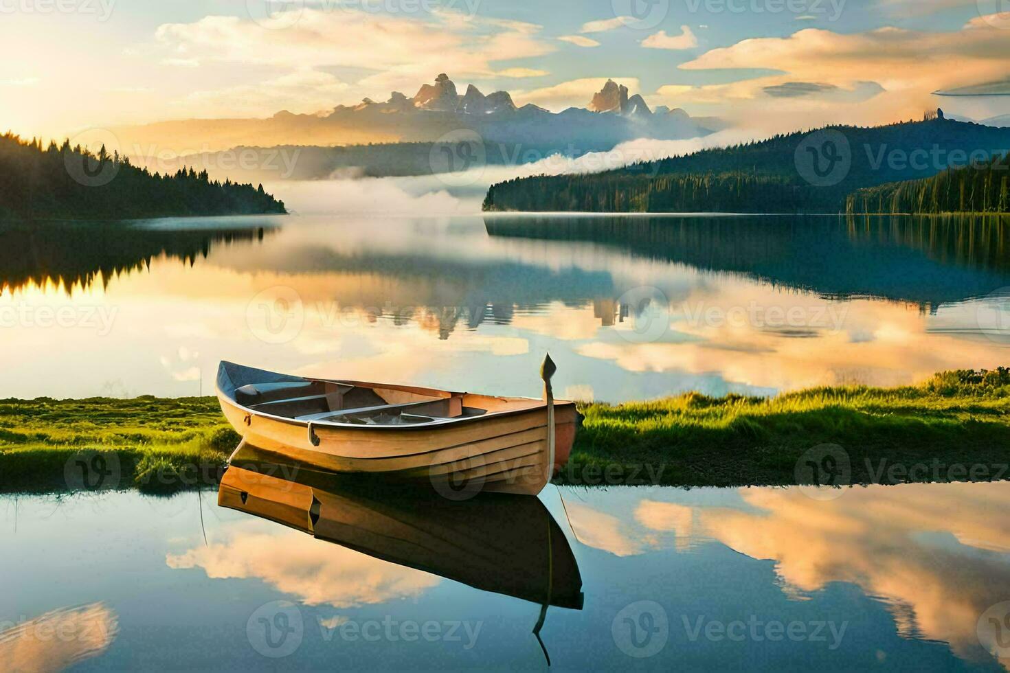 een boot Aan de meer. ai-gegenereerd foto