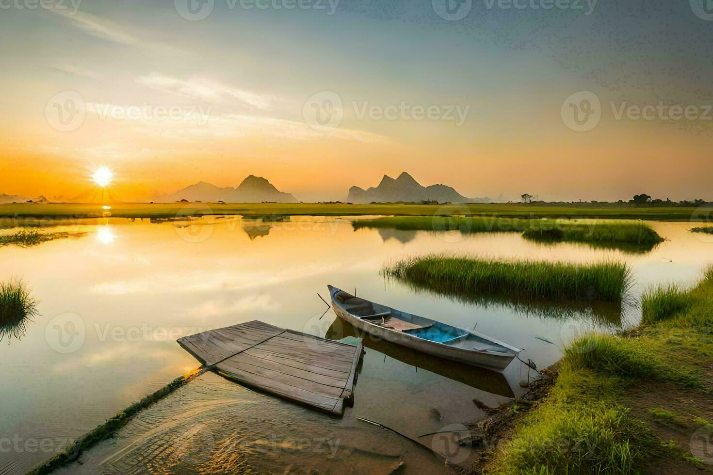 de boot is drijvend in de water Bij zonsondergang. ai-gegenereerd foto