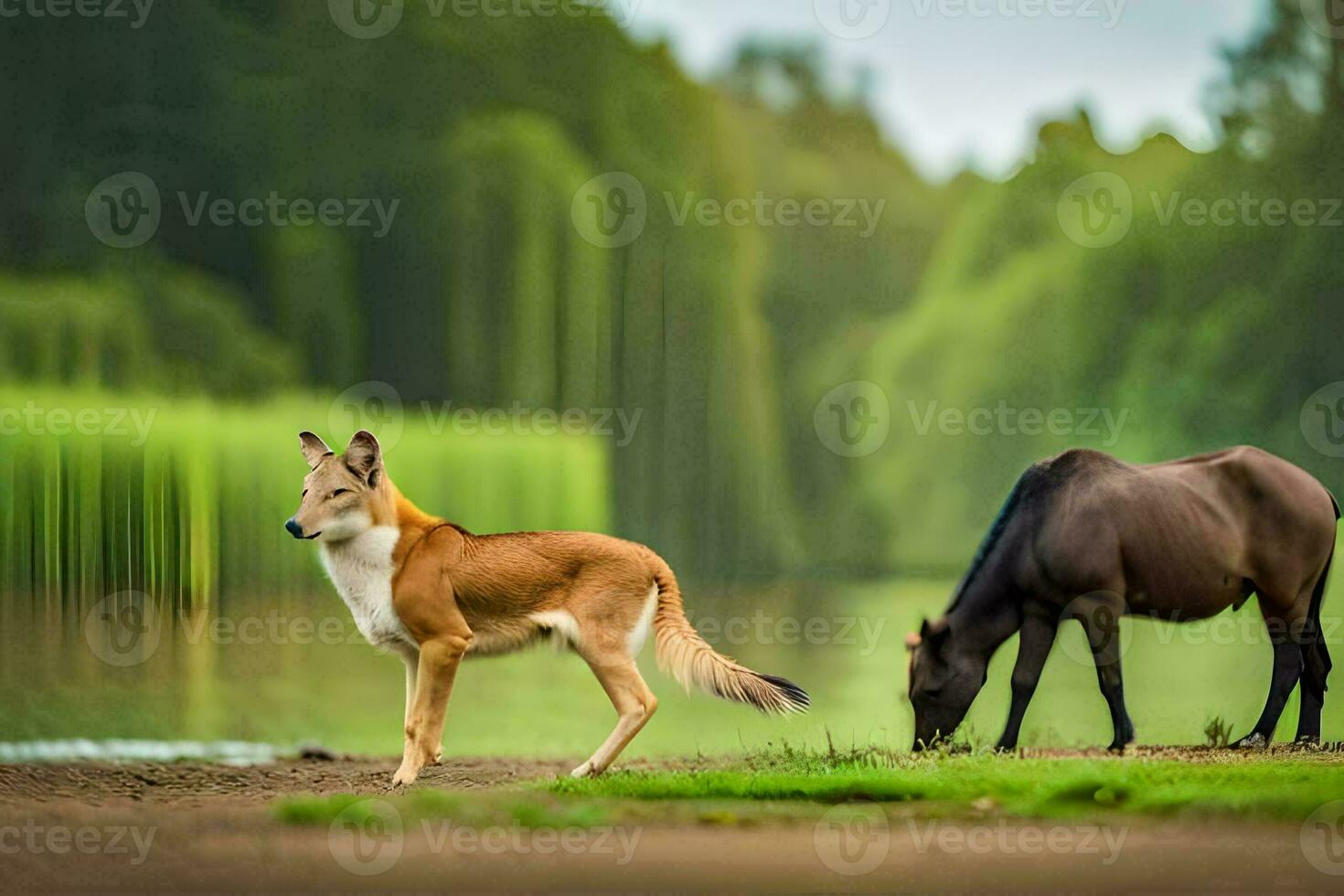 een paard en een hond staand De volgende naar elk ander. ai-gegenereerd foto