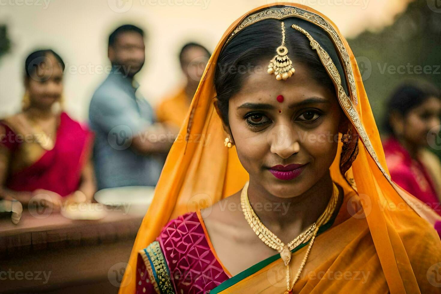 een vrouw in een oranje sari met goud sieraden. ai-gegenereerd foto