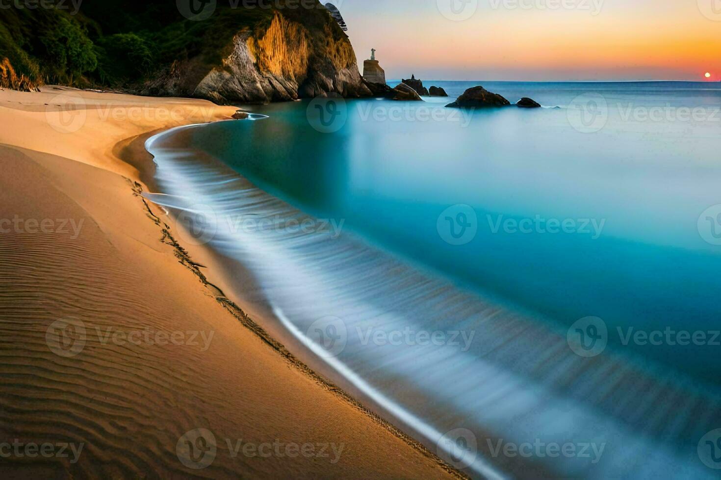 een lang blootstelling fotograaf van een strand Bij zonsondergang. ai-gegenereerd foto