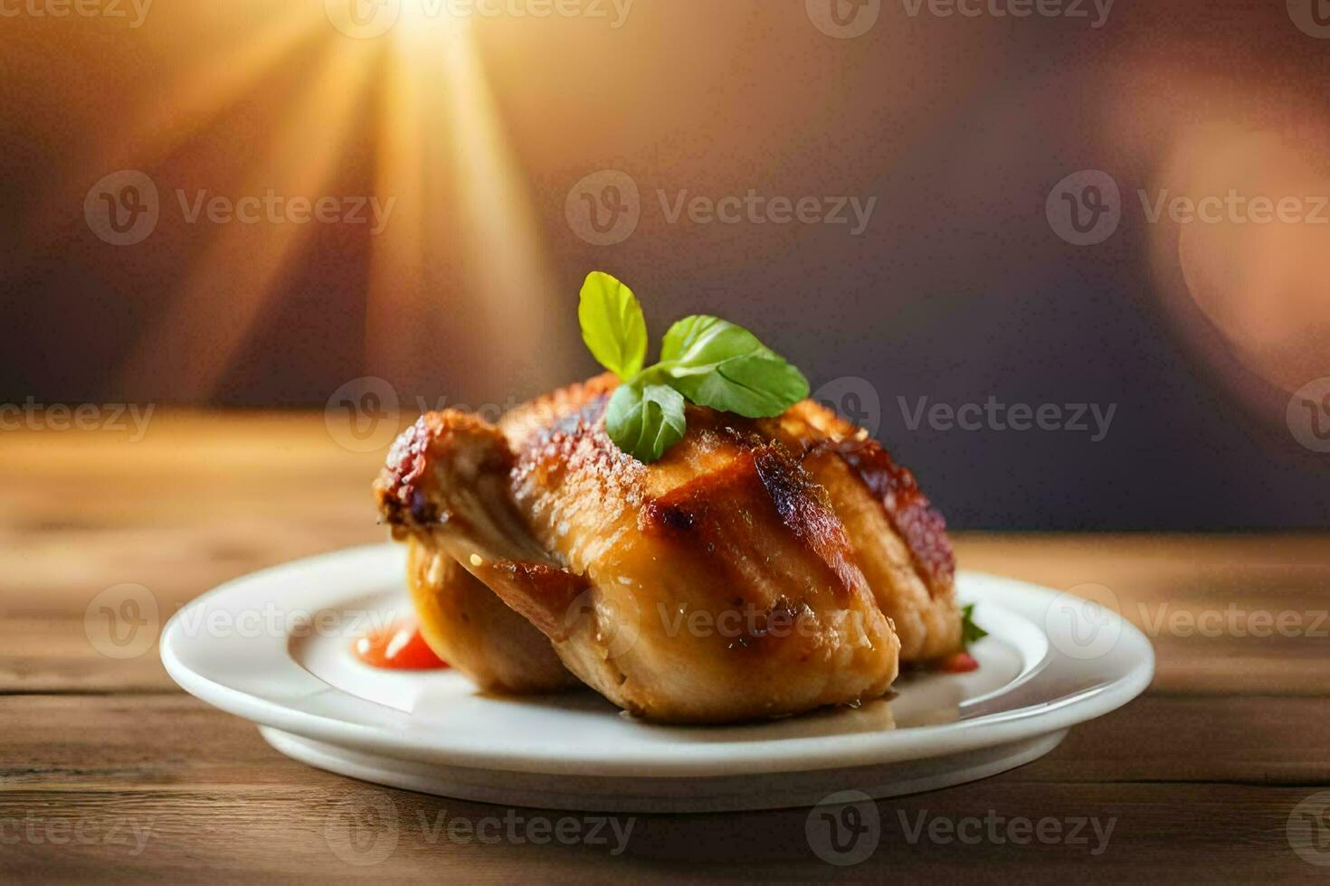 een kip Aan een bord met een helder zon in de achtergrond. ai-gegenereerd foto