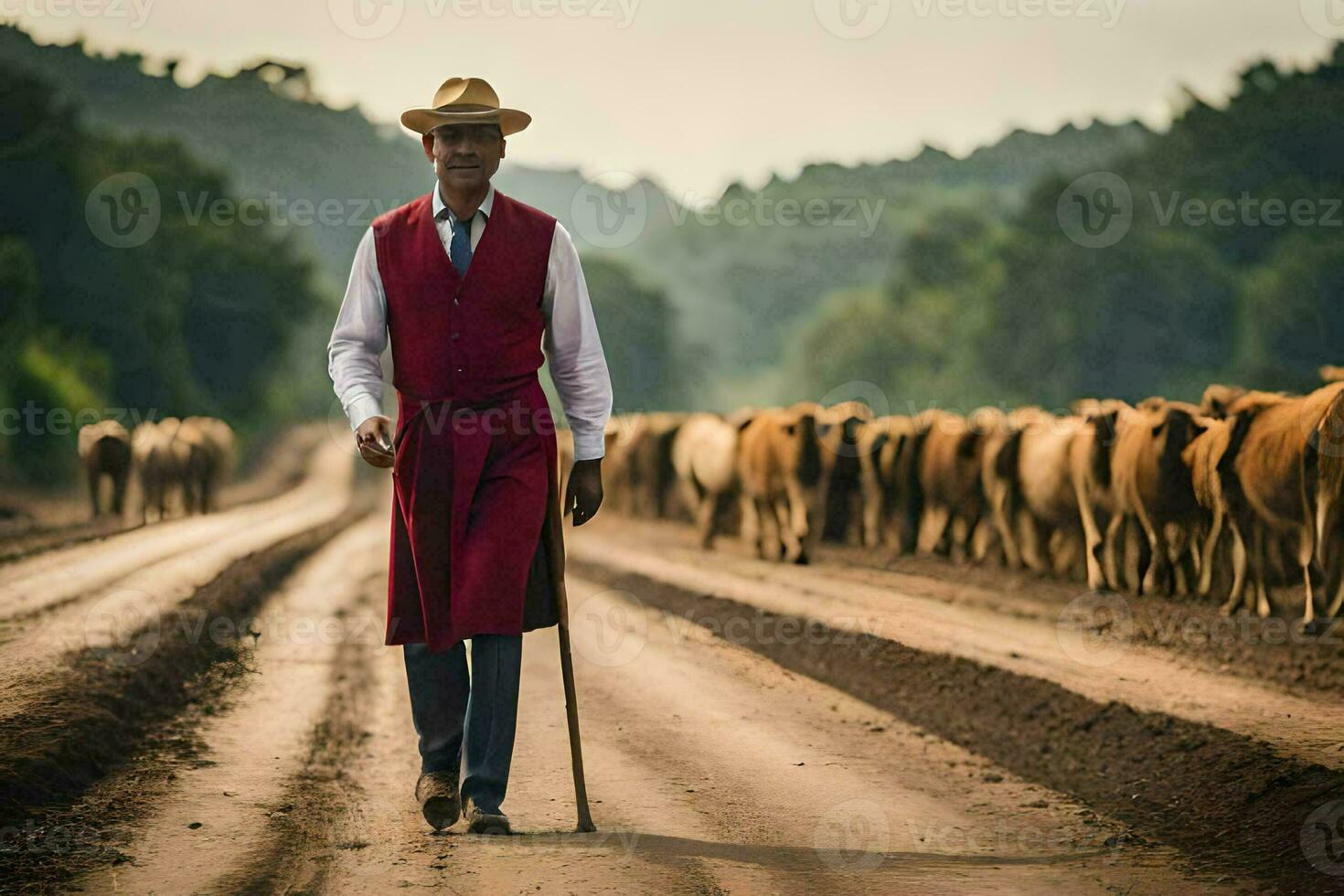 een Mens in een rood hesje en hoed wandelen naar beneden een aarde weg met vee. ai-gegenereerd foto