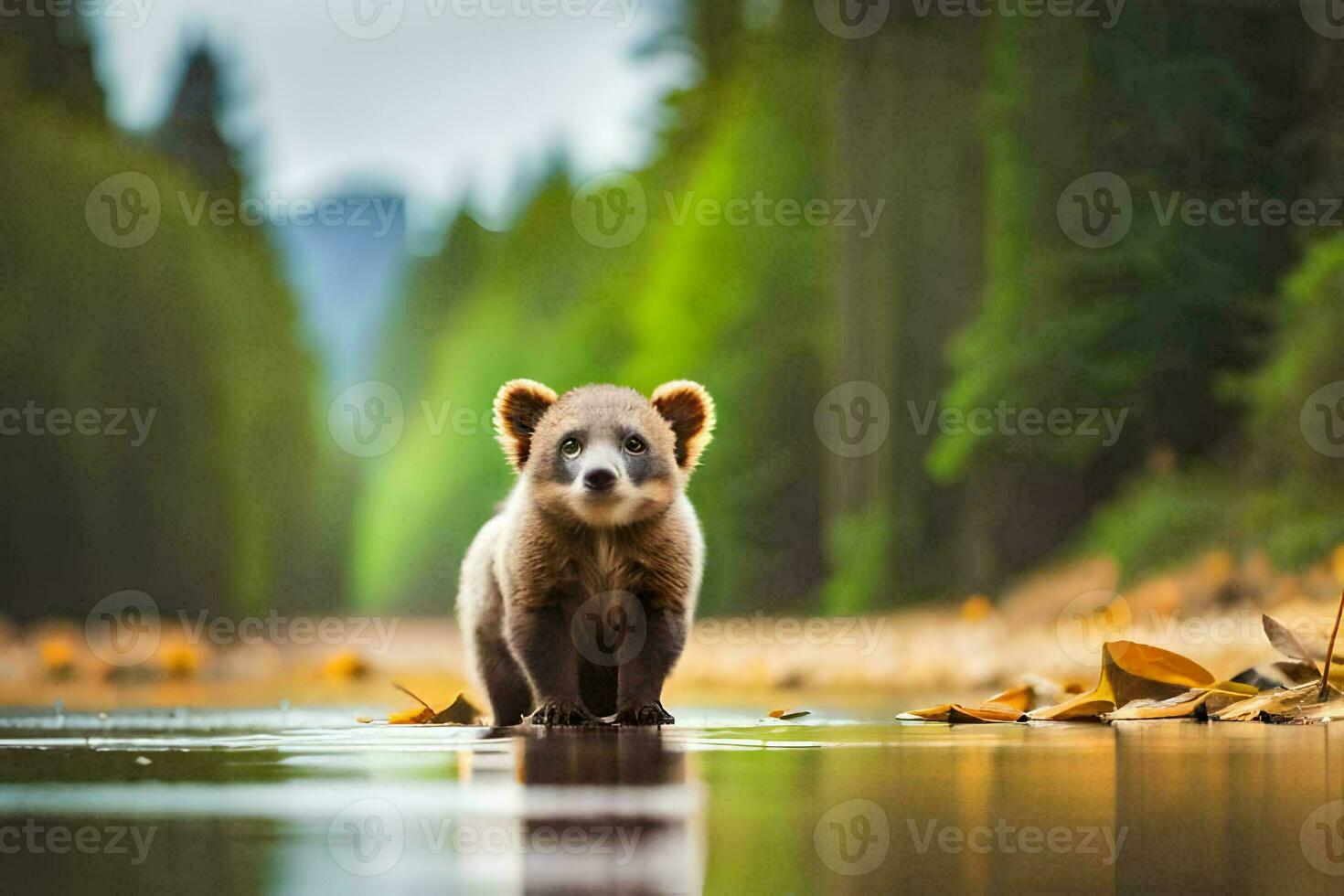 een beer welp wandelen langs de rand van een meer. ai-gegenereerd foto