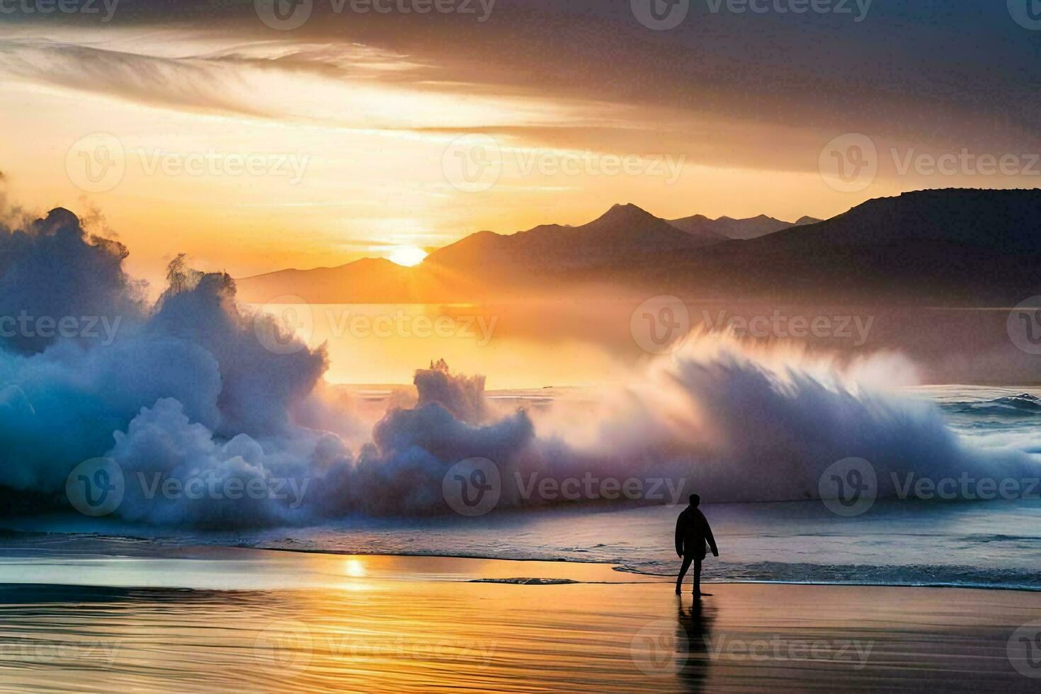 een Mens staand Aan de strand aan het kijken een Golf Botsing in de oceaan. ai-gegenereerd foto