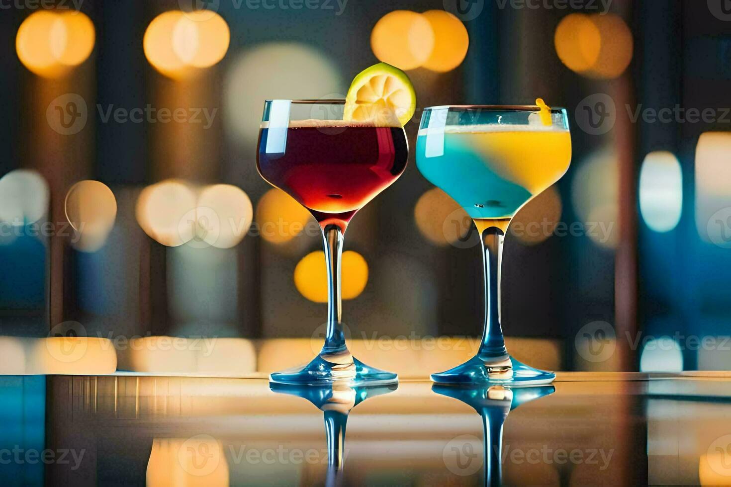 twee bril van cocktails Aan een tafel met wazig achtergrond. ai-gegenereerd foto