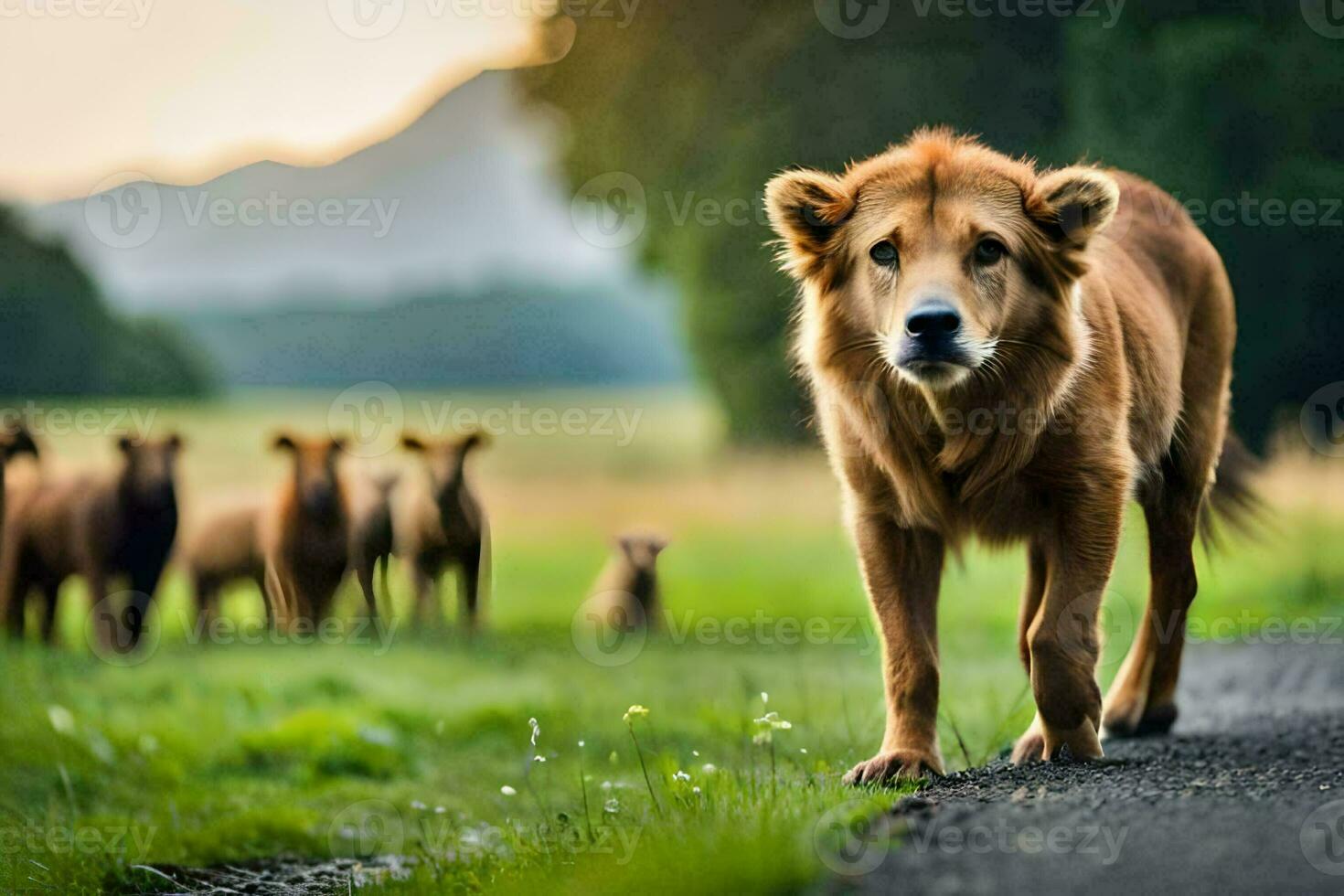 een leeuw wandelen Aan een weg met een kudde van schapen. ai-gegenereerd foto