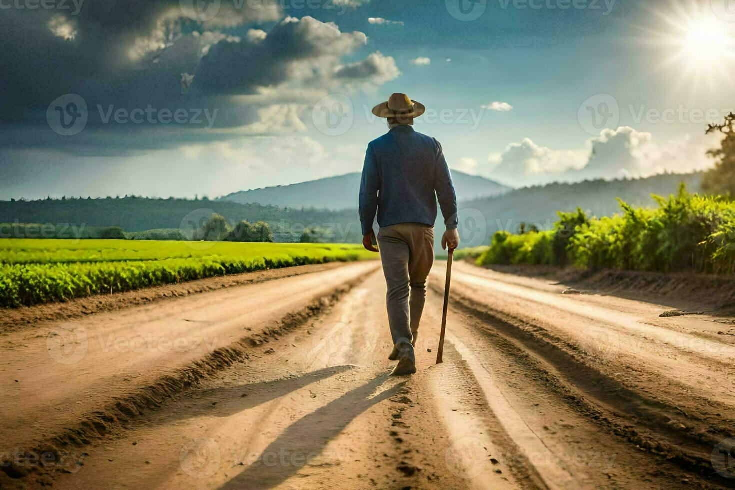 een Mens wandelen naar beneden een aarde weg met een riet. ai-gegenereerd foto