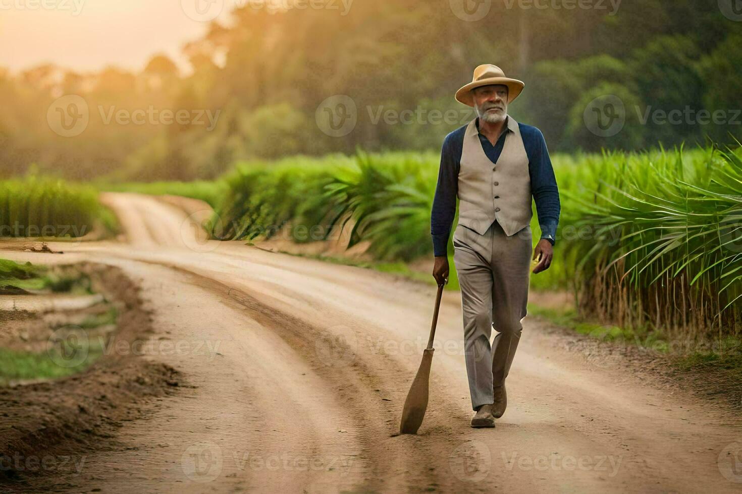 een oud Mens wandelen naar beneden een aarde weg met een riet. ai-gegenereerd foto