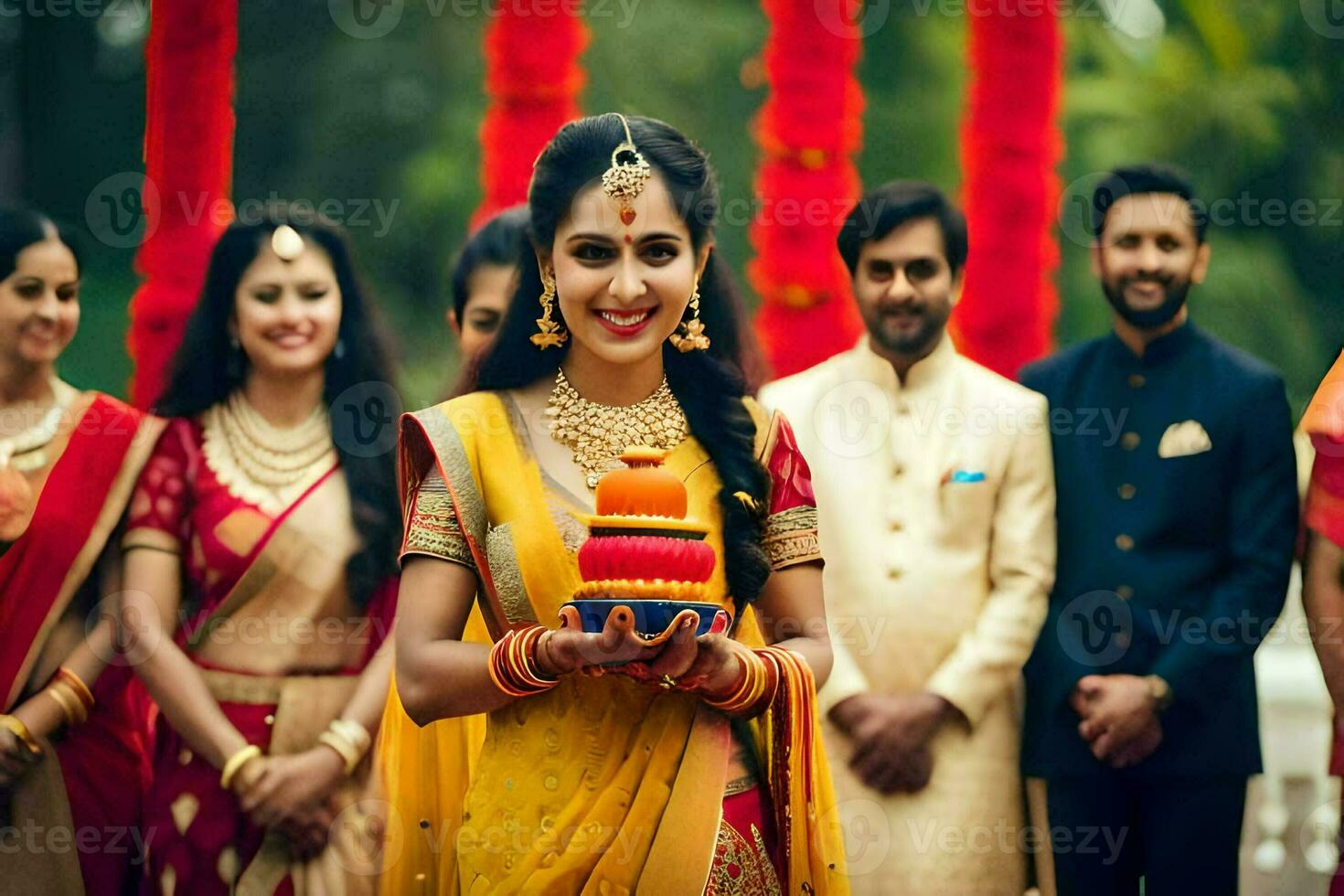 een vrouw in een rood sari Holding een taart. ai-gegenereerd foto