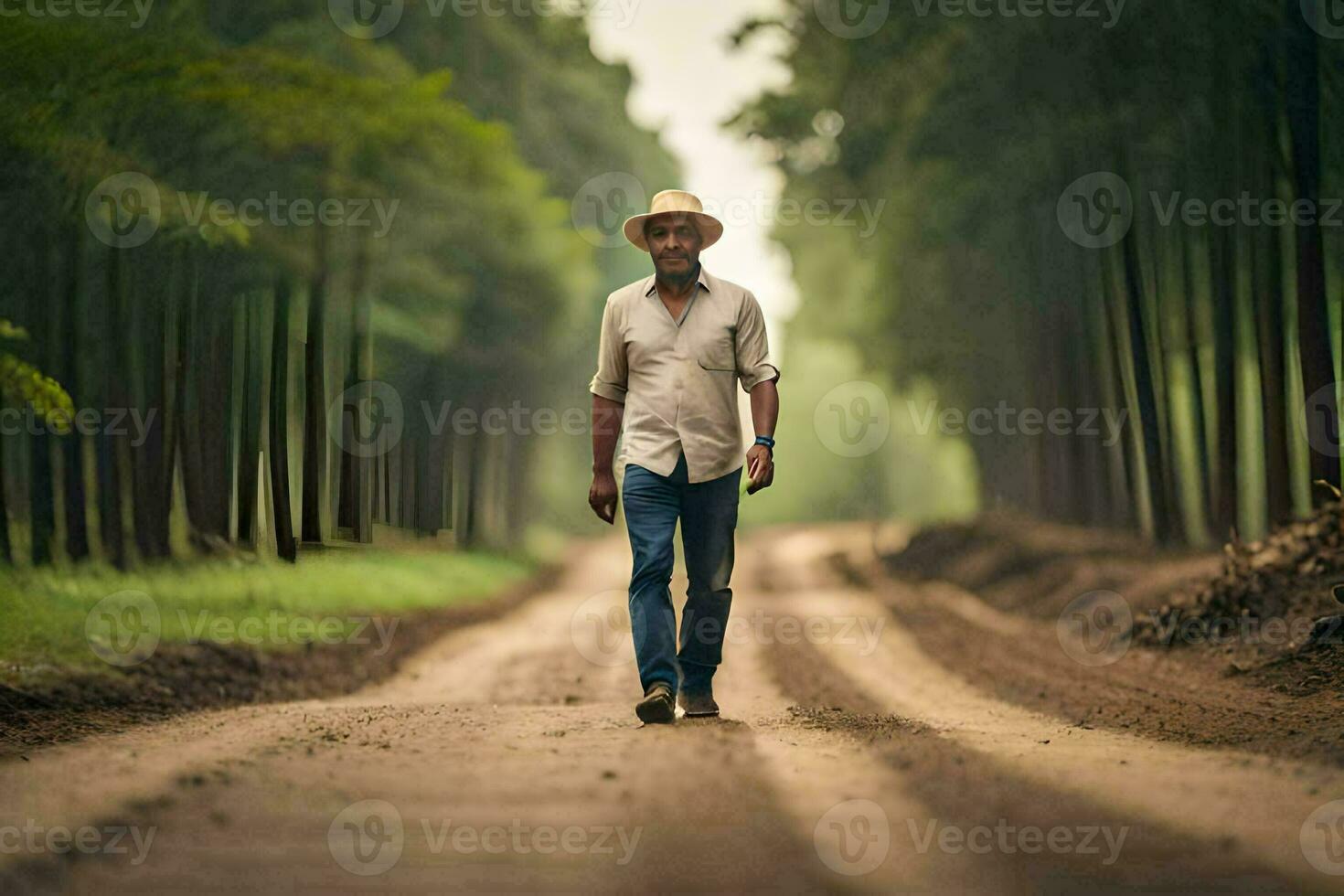 een Mens vervelend een hoed wandelingen naar beneden een aarde weg. ai-gegenereerd foto