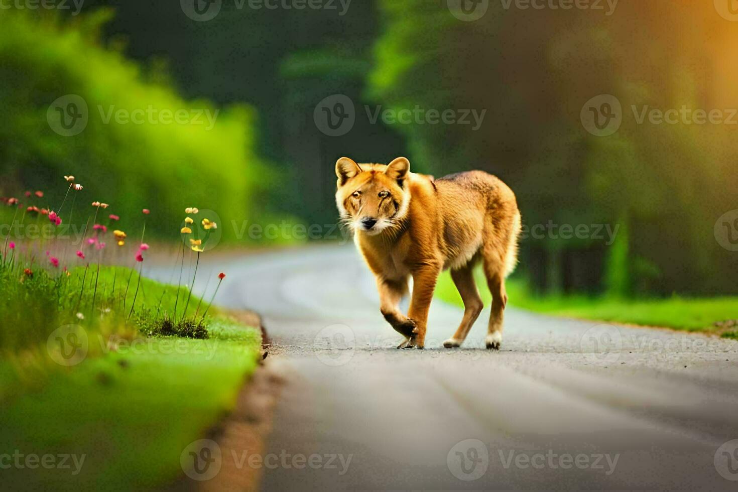 een wolf wandelen naar beneden een weg in de midden- van een Woud. ai-gegenereerd foto