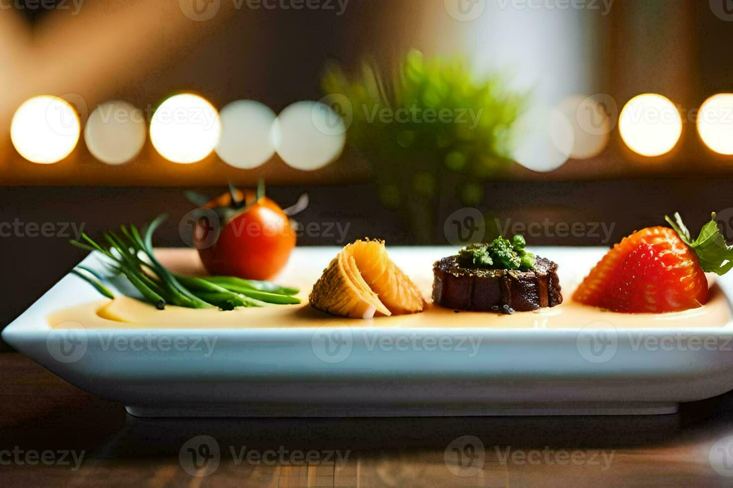 een bord met voedsel Aan het zittend Aan een tafel. ai-gegenereerd foto