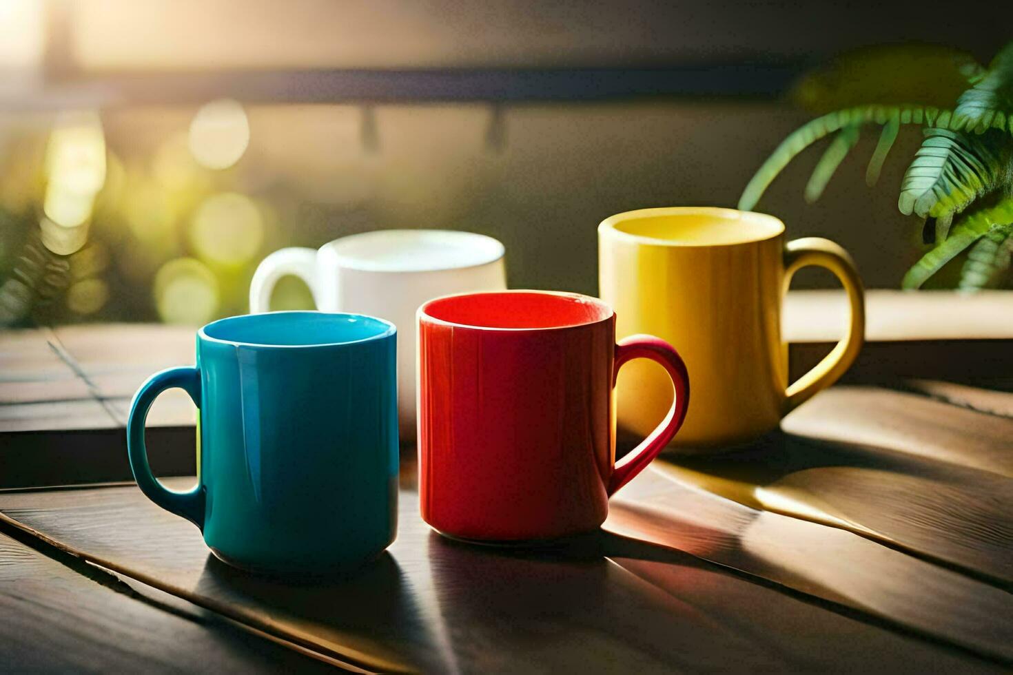 drie kleurrijk koffie mokken zittend Aan een houten tafel. ai-gegenereerd foto