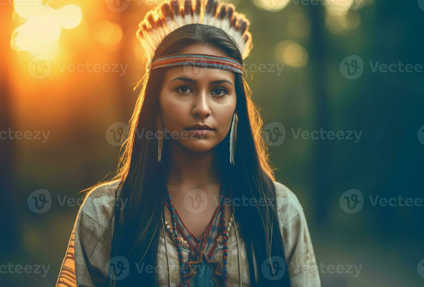 jong inheems Amerikaans vrouw. genereren ai foto